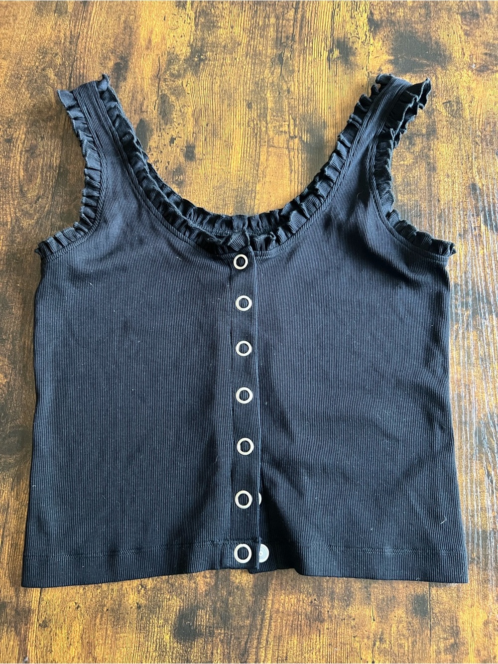 Chaser Black Ribbed Tank with Ruffle Trim and Snap Front